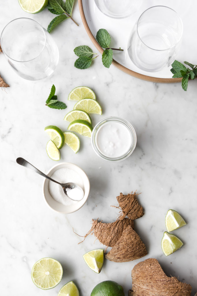 coconut milk, sugar, lime, mint- ingredient shot