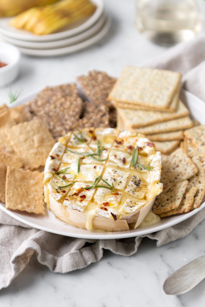 honey baked camembert with rosemary, red pepper flakes and black pepper