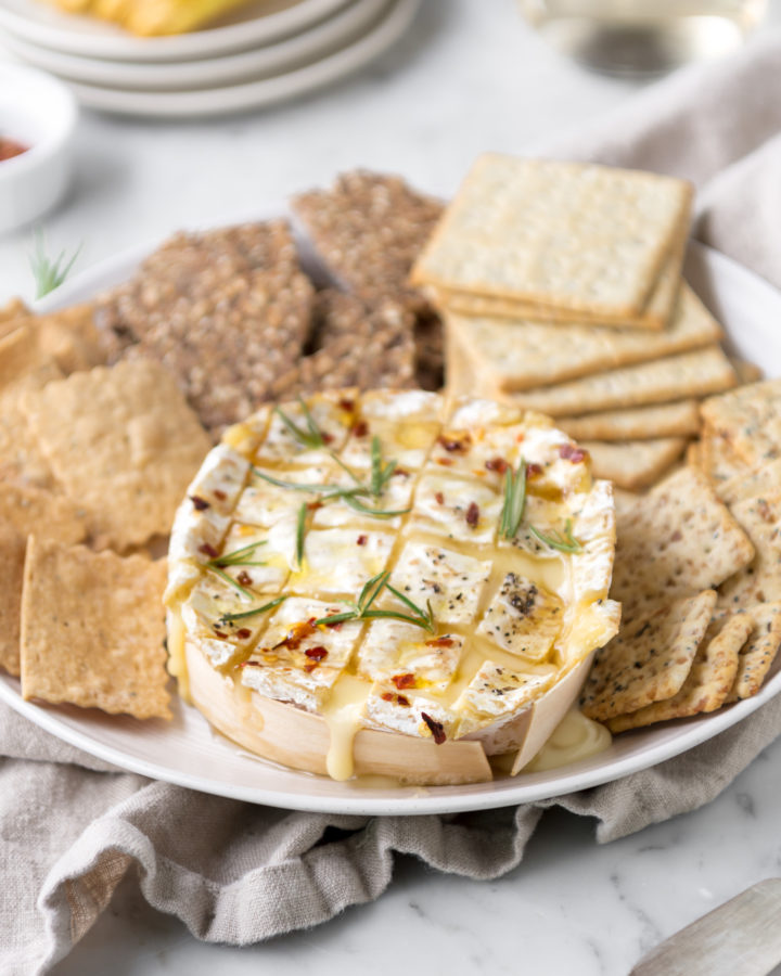 honey baked camembert with rosemary, red pepper flakes and black pepper