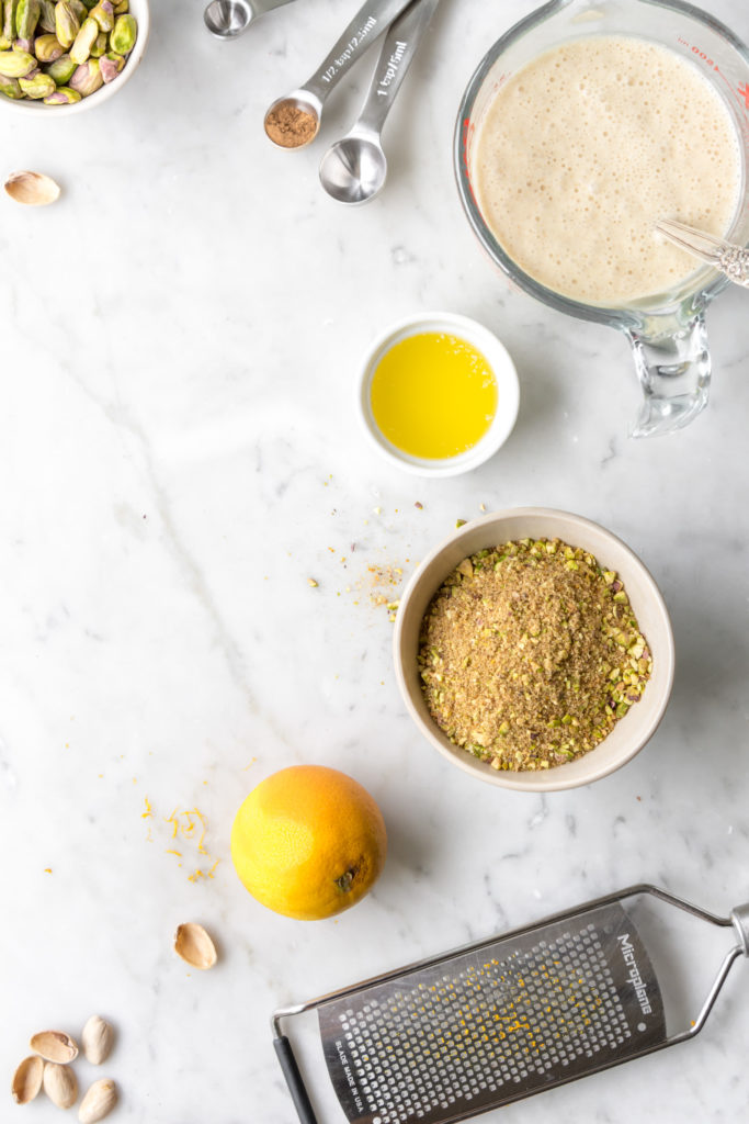 ingredients- batter, cinnamon sugar, pistachios, orange zest