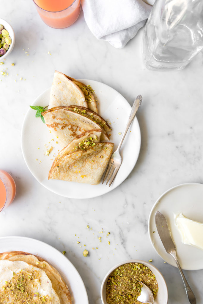 sourdough crepes with pistachio cinnamon sugar