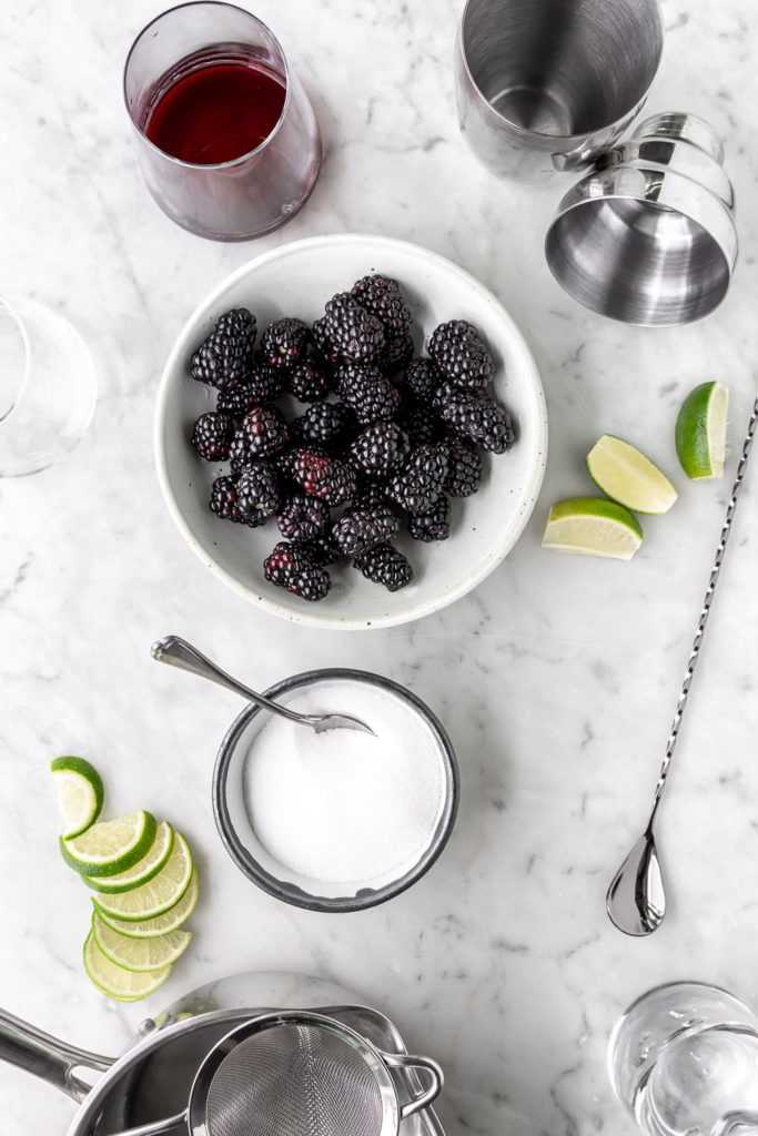 blackberries, red wine, lime, tequila, sugar, cocktail shaker, stirrer