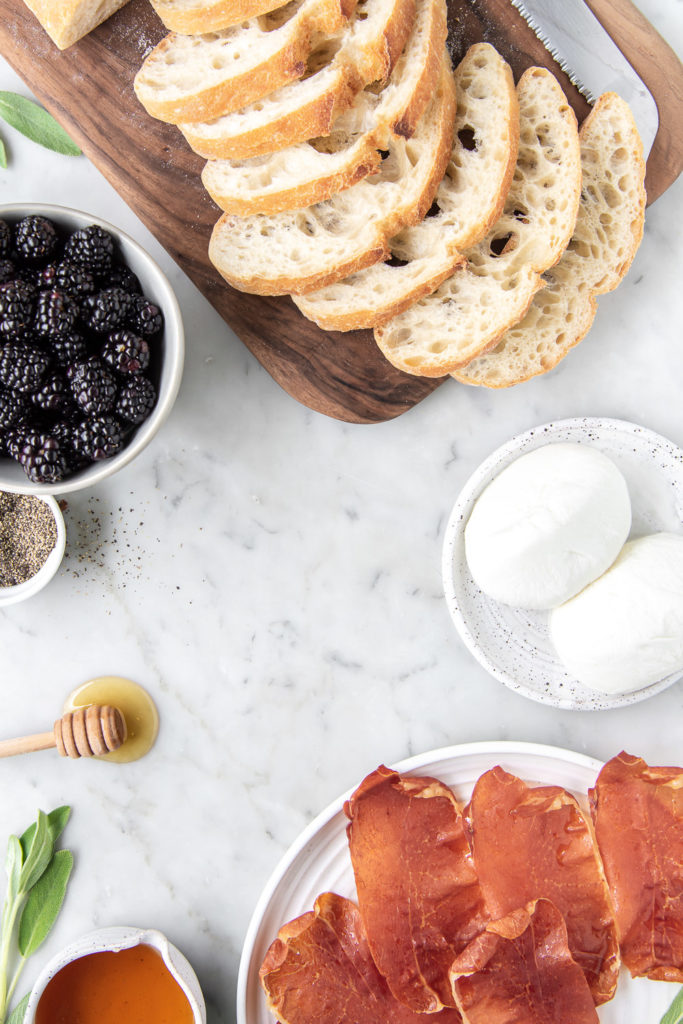 toast, blackberries, burrata, prosciutto, sage, honey