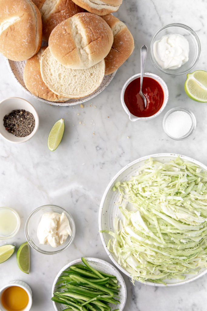 buns, cabbage, jalapenos, sriracha, mayonnaise