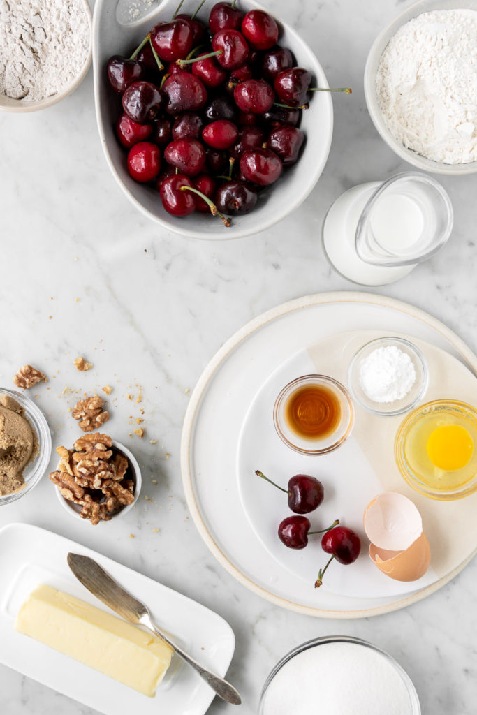 cherries, rye flour, butter, walnuts, eggs, sugar, vanilla