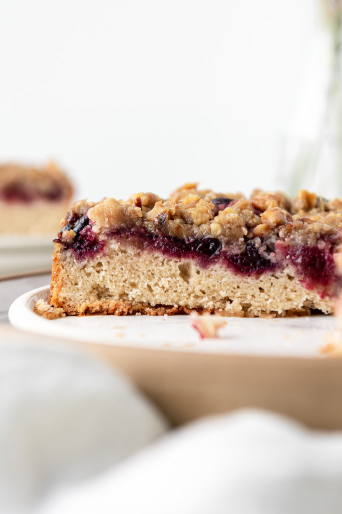 cherry buckle with rye flour and walnut streusel