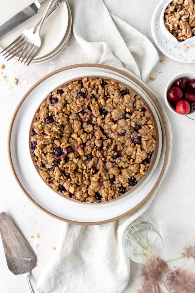 cherry rye buckle cake with walnut streusel