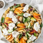 grilled peach panzanella salad with cucumber, olives and burrata