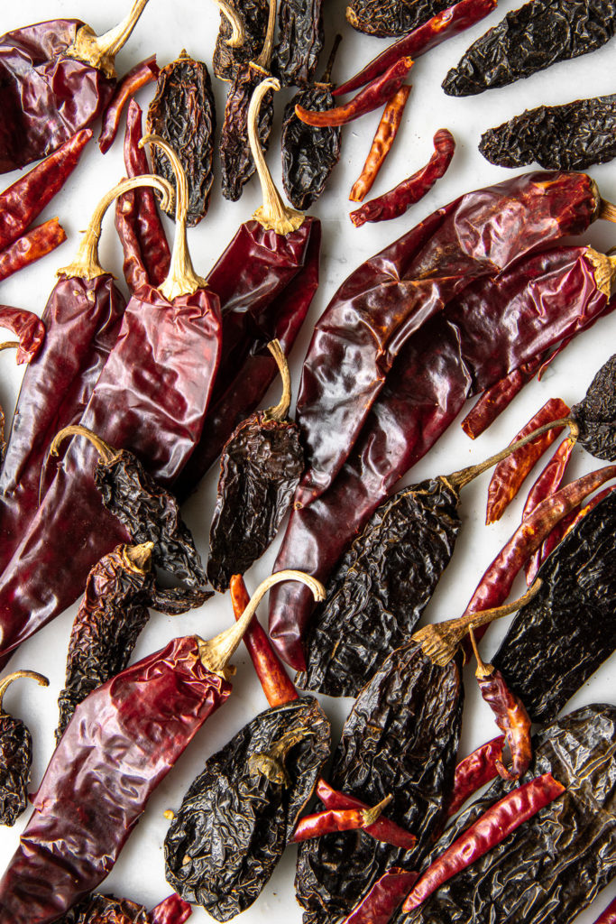 pasilla chiles, guajillo chiles, chipotle morita chiles, chiles de arbol