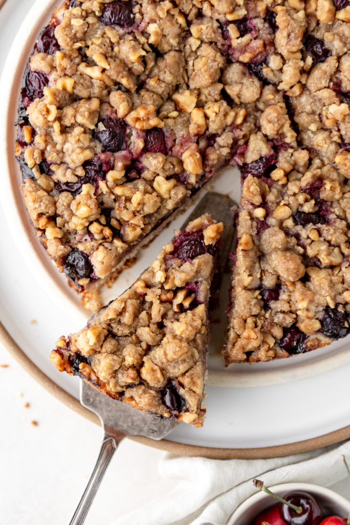 rye cherry buckle cake with walnut streusel