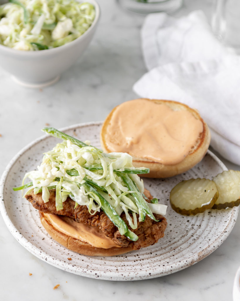 spicy fried chicken sandwich with jalapeno slaw