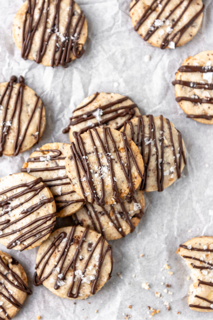 walnut shortbread cookies with bittersweet chocolate and mocha drizzles