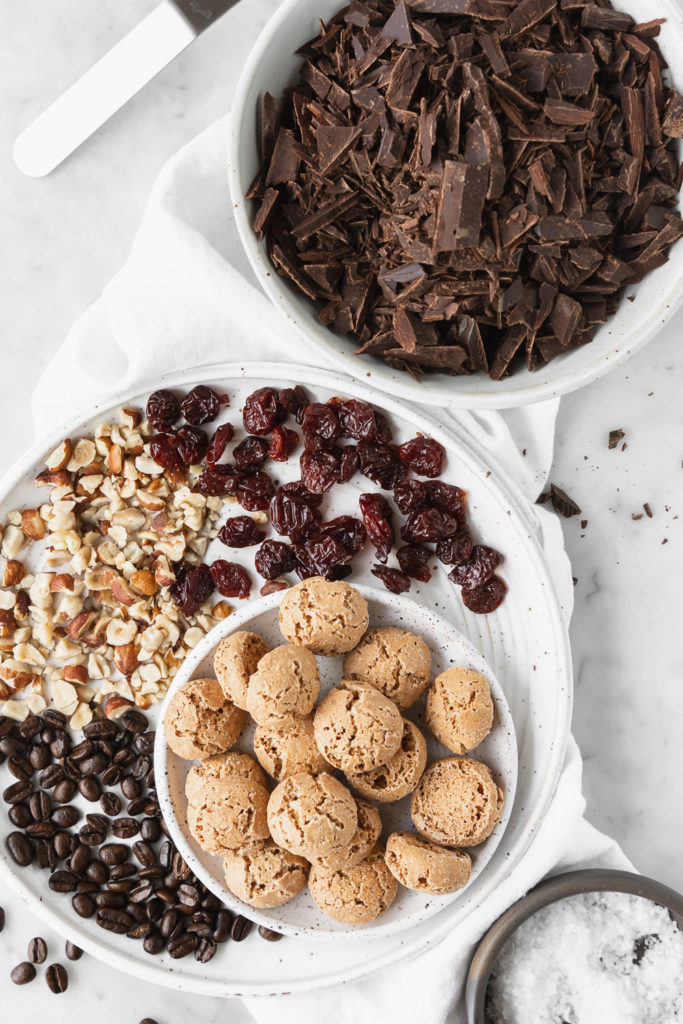 bittersweet chocolate, amaretti cookies, dried tart cherries, hazelnuts, espresso beans, flaky salt