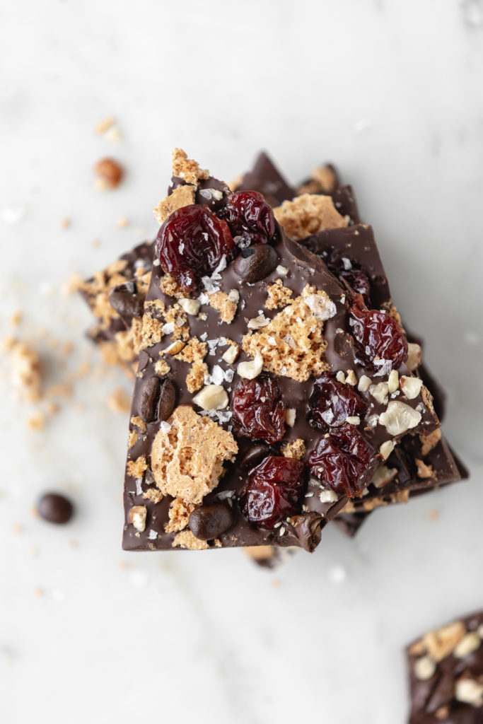 bittersweet chocolate bark with amaretti cookies, cherries, hazelnuts and coffee