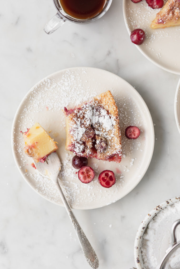 brown butter cranberry clafoutis with cinnamon sugar