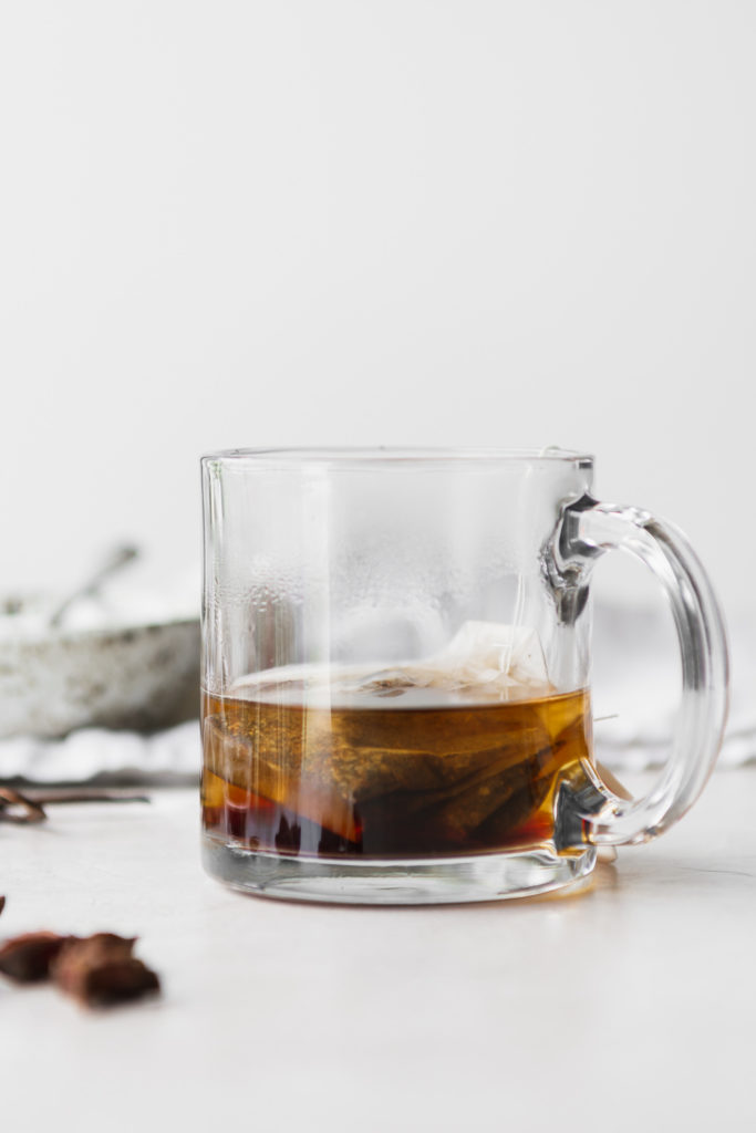 chai tea bags, sugar, spices for syrup