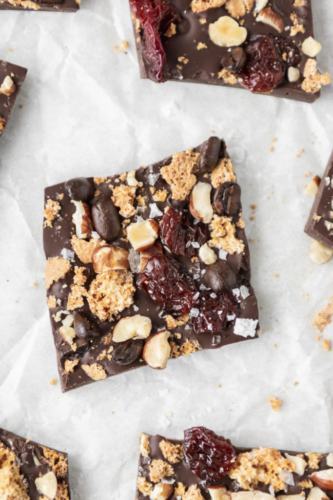 dark chocolate amaretti cookie bark with cherries, hazelnuts and coffee beans