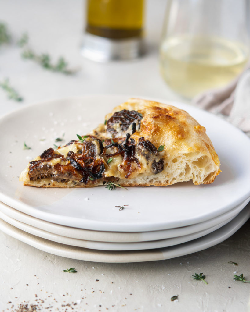 morel pizza with creamy sauce, fontina and thyne