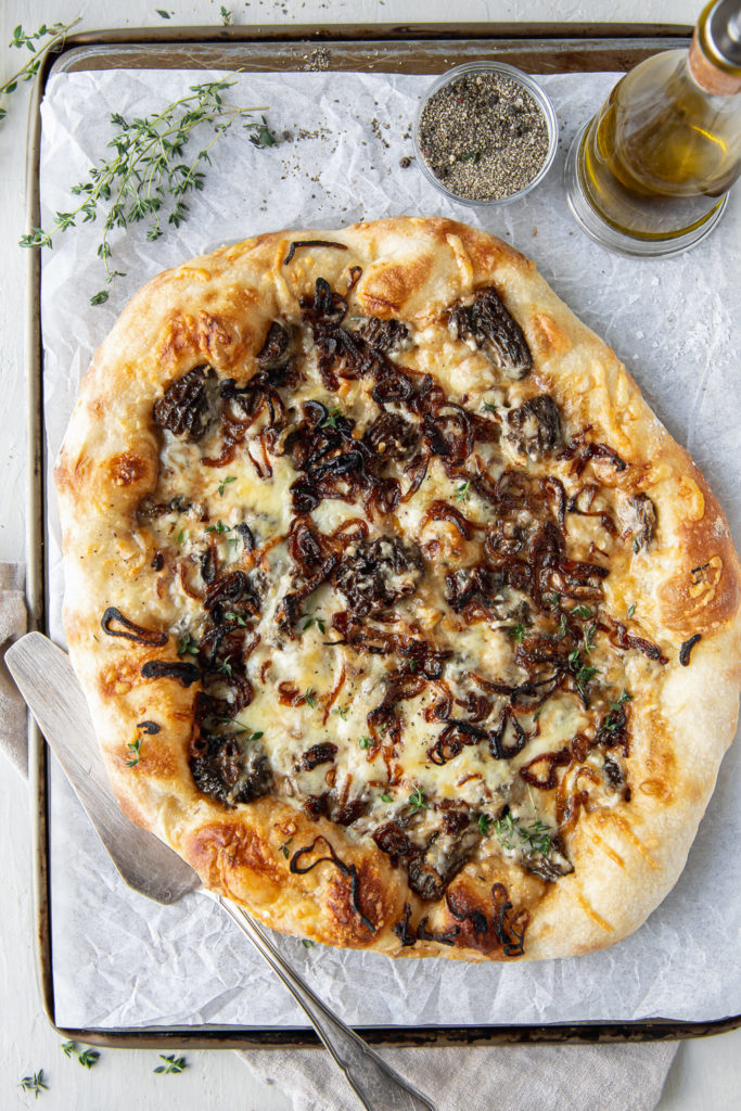 morel pizza with fontina and fried shallots