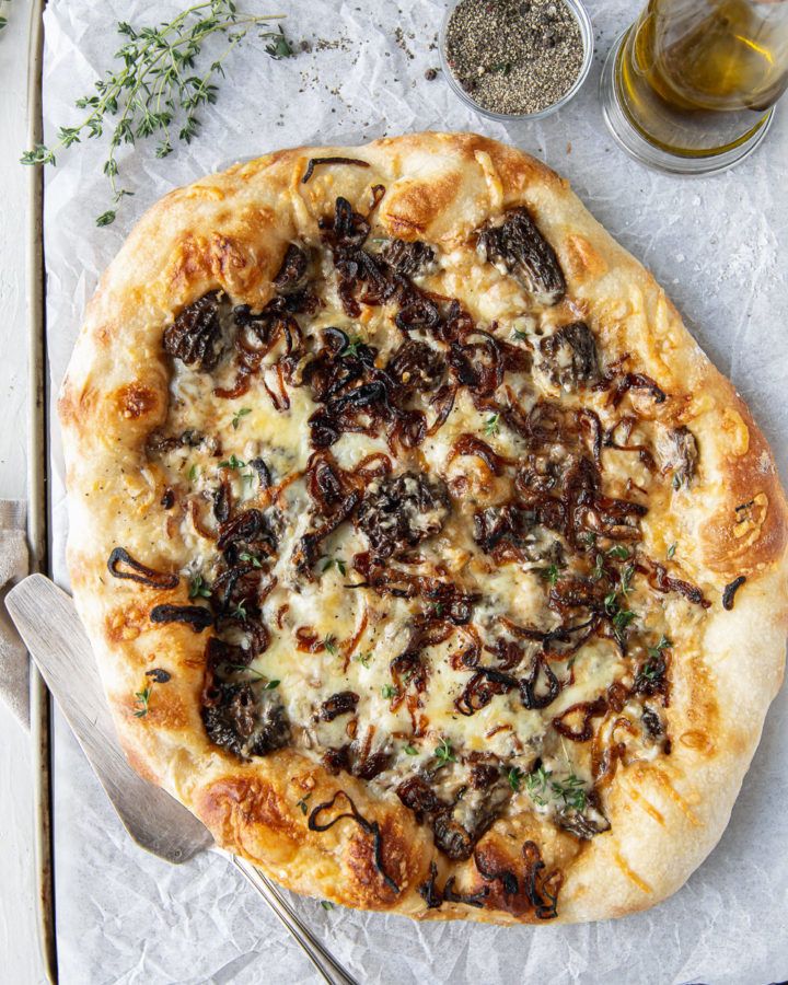 morel pizza with fontina and fried shallots