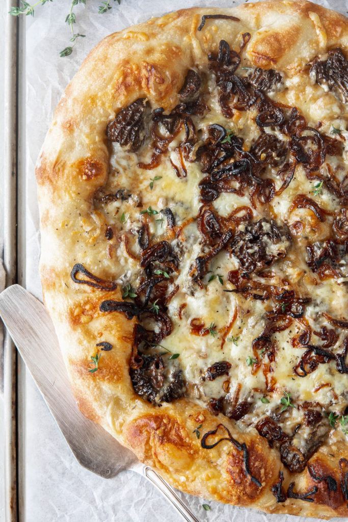 morel pizza with fontina, fried shallots and thyme