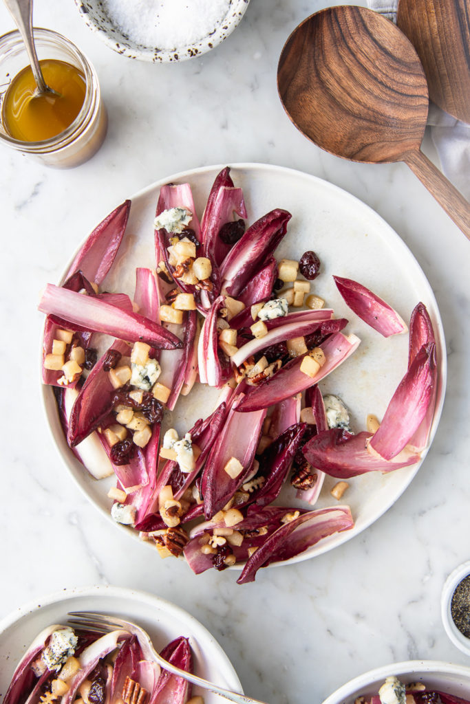 pear endive salad with blue cheese, dried cherries, pecans and maple walnut dressing