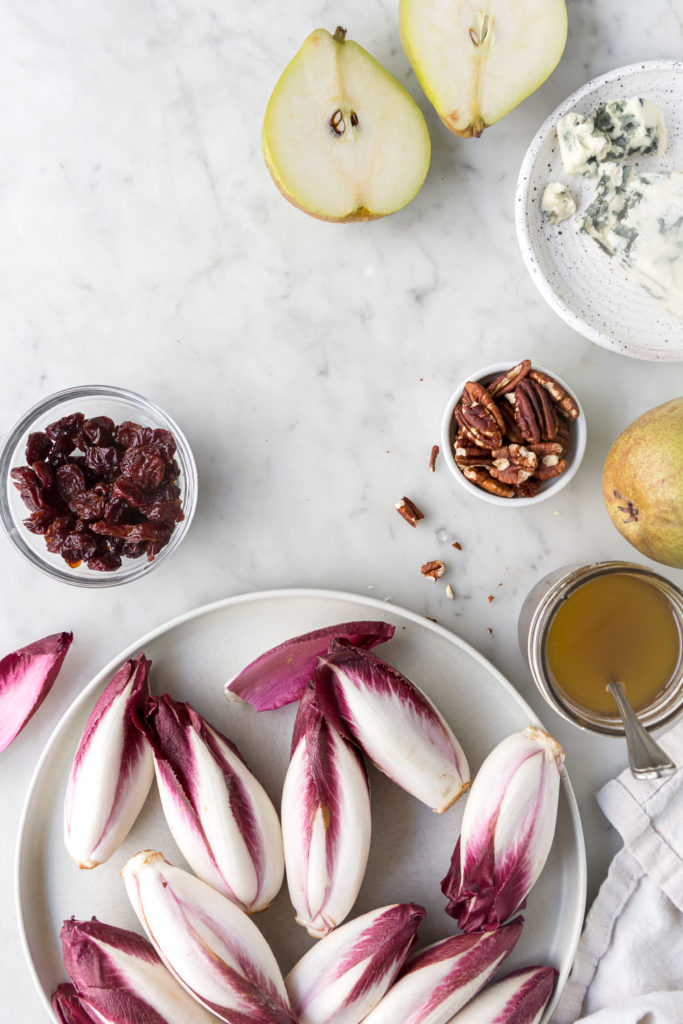 red belgian endive, pears, dried cherries, pecans, blue cheese, maple walnut vinaigrette