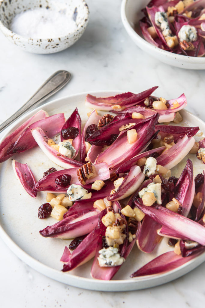 roasted pear salad with endive, blue cheese, cherries and pecans