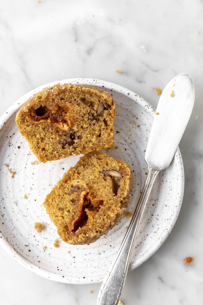 espresso muffins with caramelized white chocolate and pecans