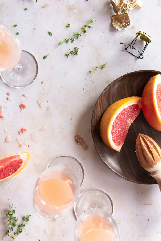 grapefruit juice, grand marnier, thyme for mimosas