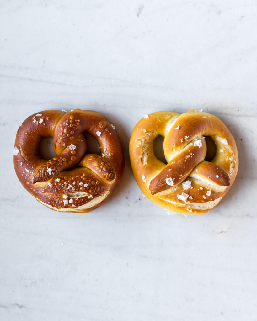 An experiment in pretzel rolls. Lye on left, baking soda on the