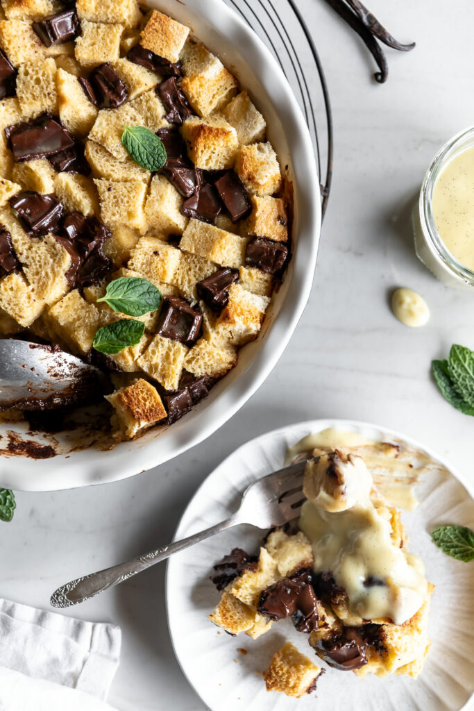 chocolate chip bread pudding with vanilla bean sauce