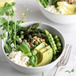 farro grain bowl with asparagus and spring peas