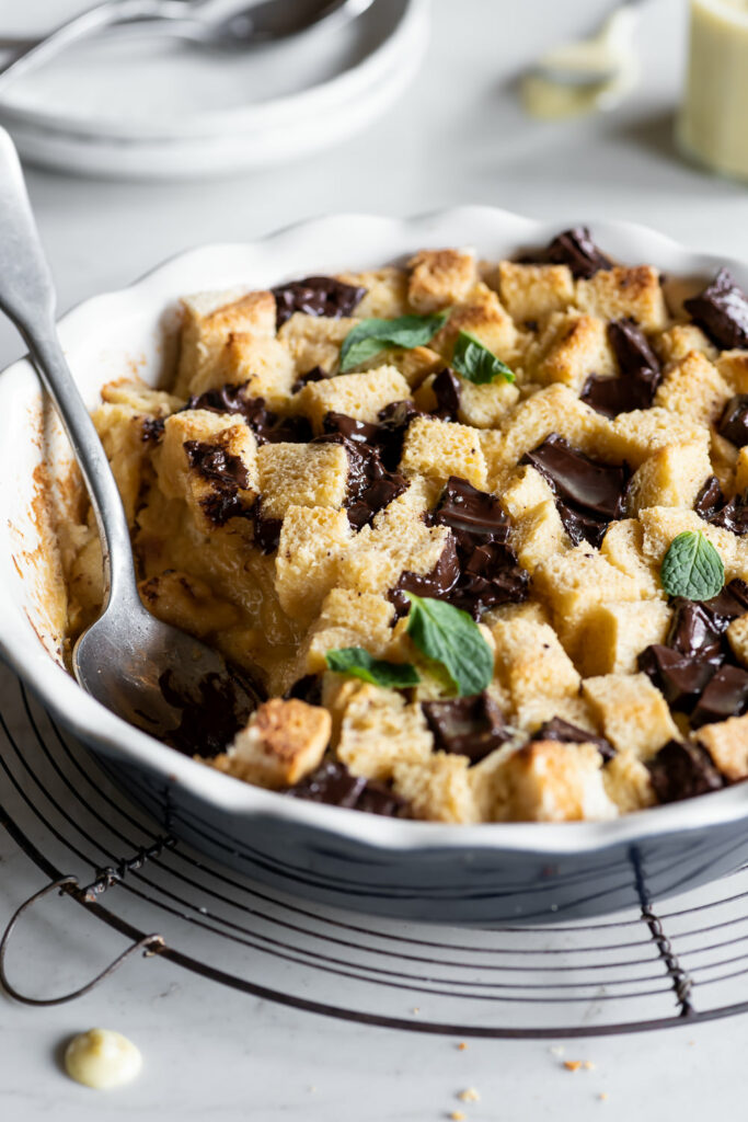 how to make chocolate chip bread pudding with vanilla bean sauce