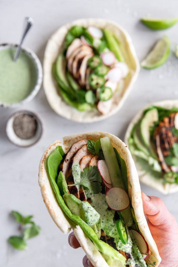 grilled chicken pitas with jalapeno yogurt sauce