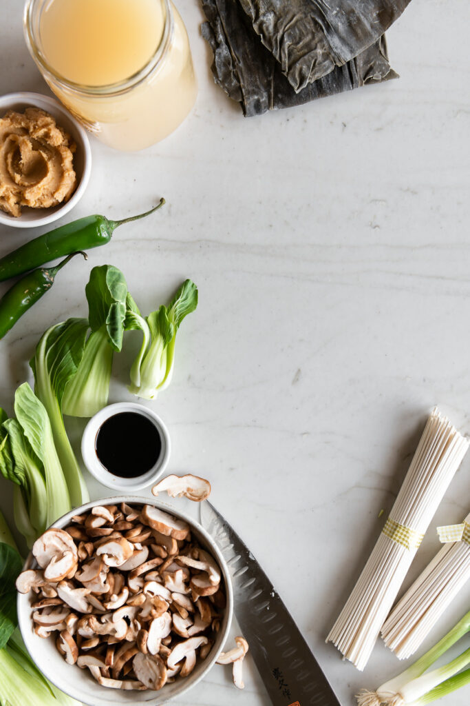 udon noodles, miso, mushrooms, bok choy, soy sauce, kombu