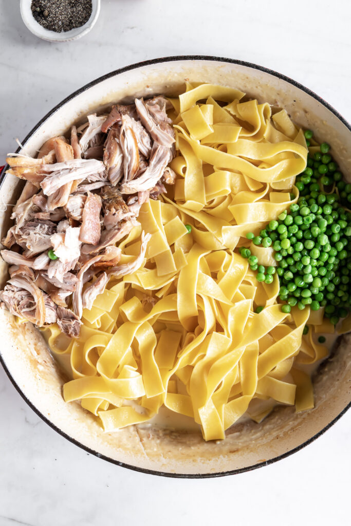 braised chicken, pappardelle, peas in lemon parmesan cream sauce