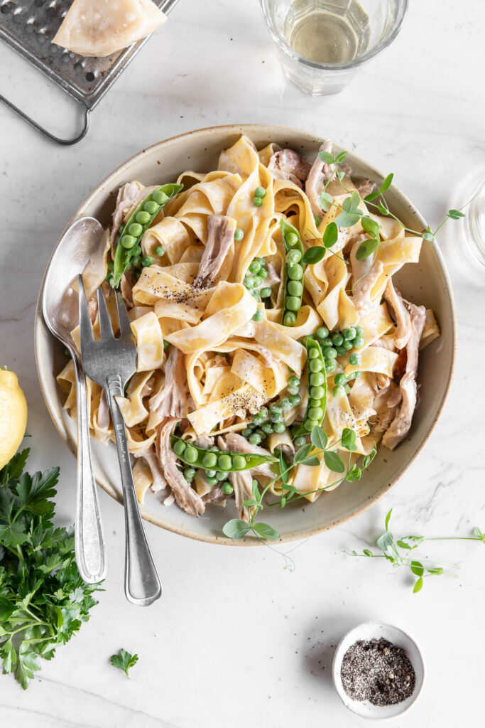 braised chicken pappardelle with parmesan cream saucee