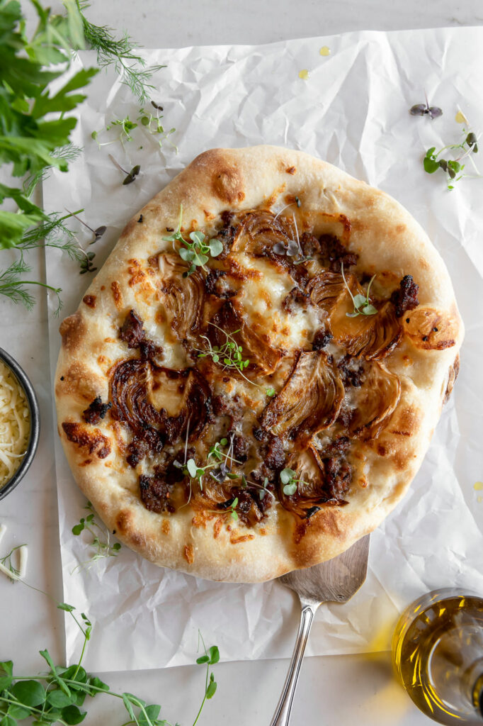 caramelized fennel, sausage, mozzarella pizza