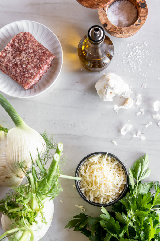 fennel, sausage, mozzarella, olive oil, garlic