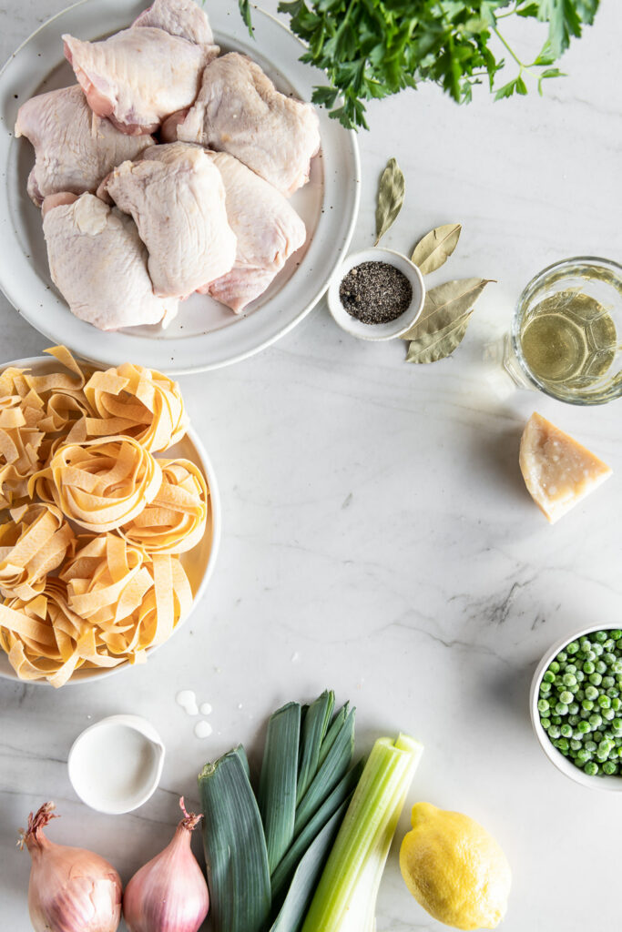 pappardelle pasta, chicken thighs, lemon, cream, leeks, shallots, celery