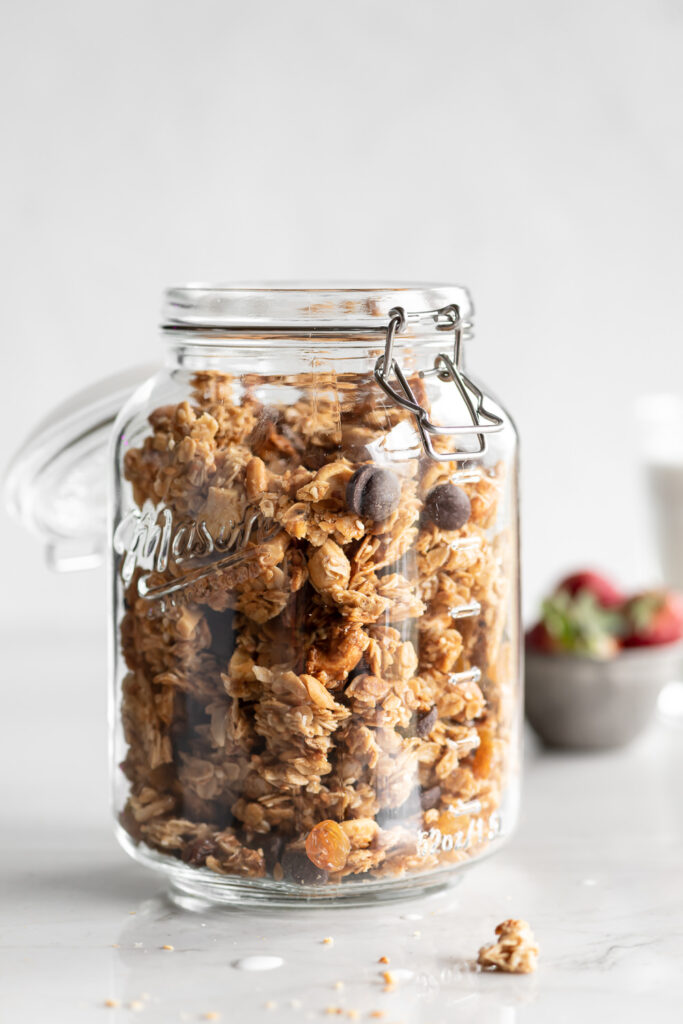 sesame tahini granola clusters with golden raisins and dark chocolate