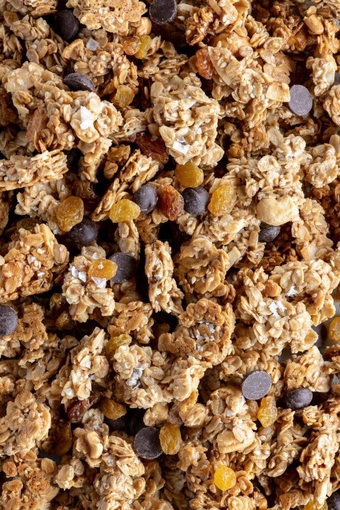 tahini granola with golden raisins and dark chocolate