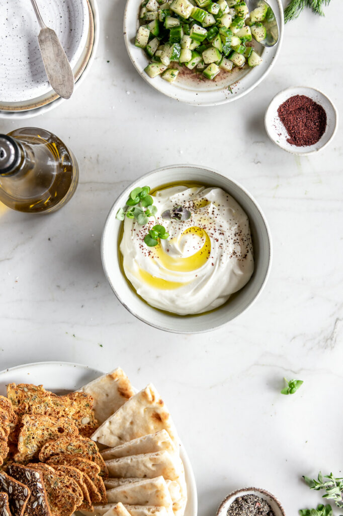 whipped feta dip recipe with an herby cucumber salad