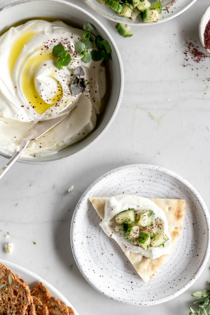 whipped feta dip with an herby cucumber salad