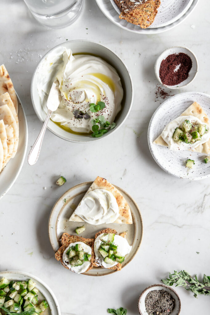 whipped feta spread with an herby cucumber salad