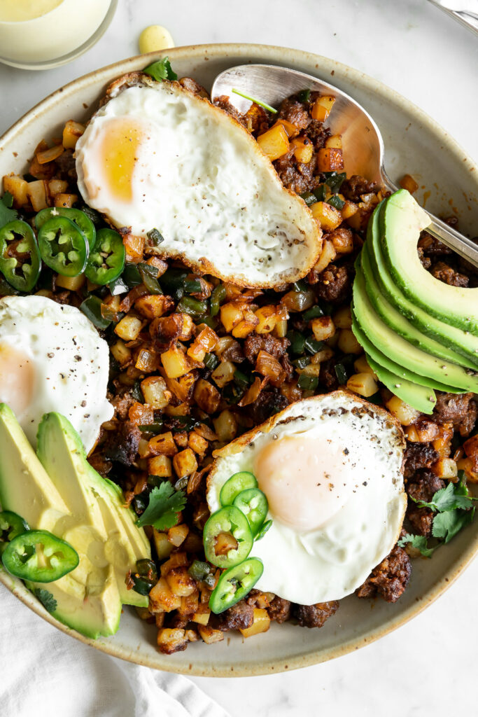 chorizo hash recipe with poblanos and roasted jalapeno hollandaise