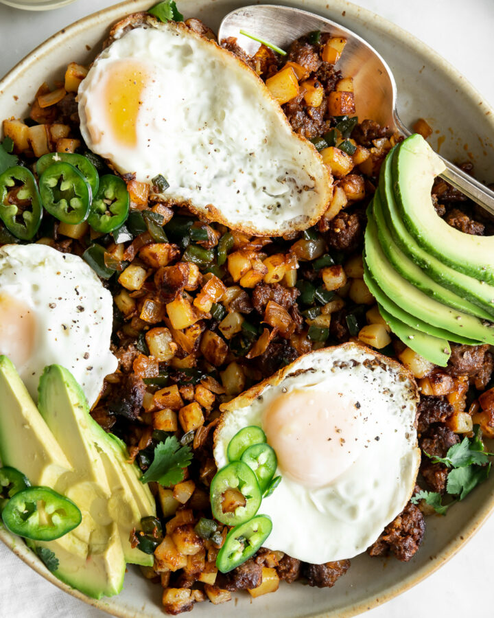 chorizo hash recipe with poblanos and roasted jalapeno hollandaise