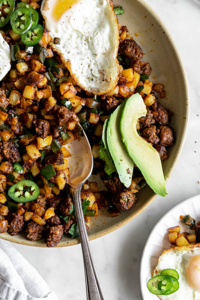 chorizo hash with roasted jalapeno hollandaise