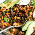 chorizo potato hash recipe with poblanos and roasted jalapeno hollandaise